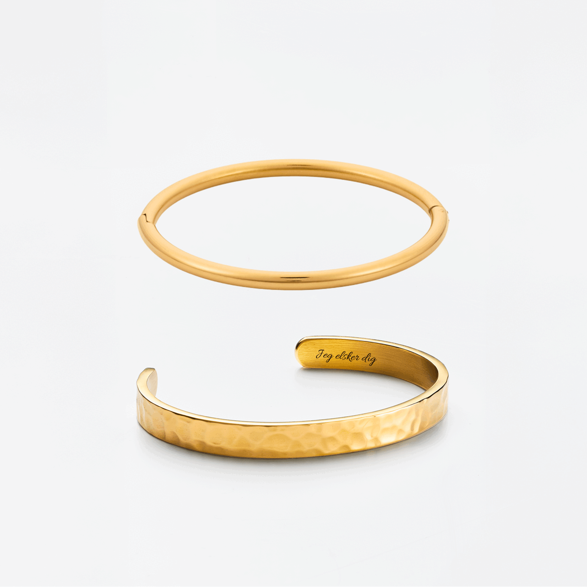 Hamret Bangle m. indgravering & Rund Bangle Sæt
