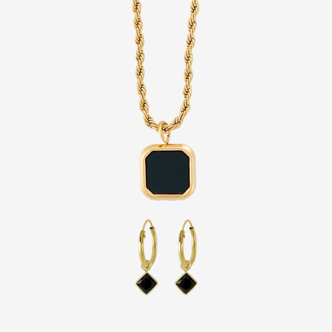 Svart fyrkantigt set: 1 halsband och 1 örhänge